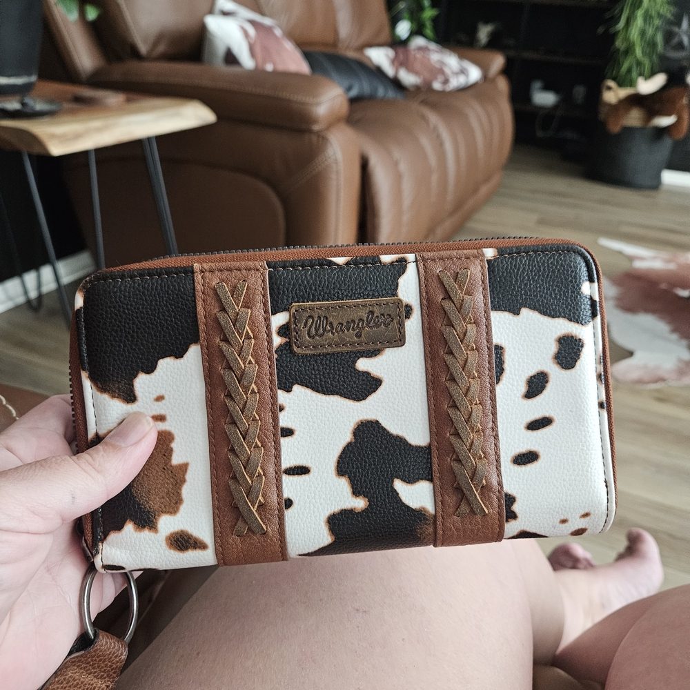 Wrangler Cowhide Print Zip Wallet with Braided Trim - Brown/Black/White